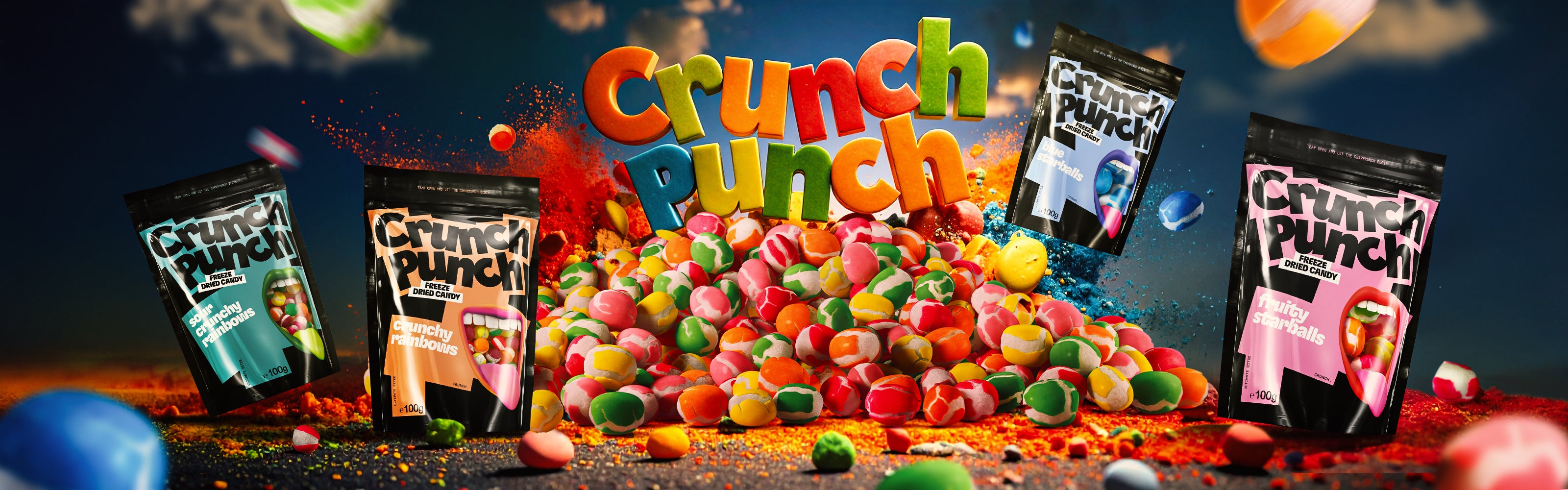 Colorful 'Crunch Punch' candy display with bags and candy on a dark background